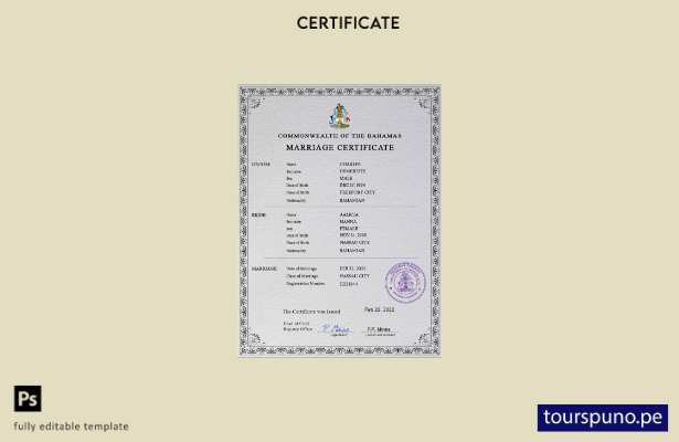 Plantilla PSD de certificado de matrimonio de Bahamas lista para imprimir
